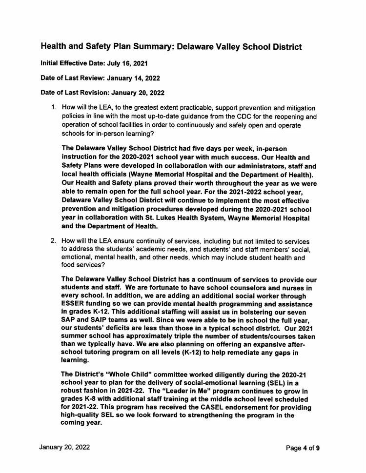 2021-2022 ARP ESSR Health and Safety Plan